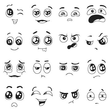 conjunto emociones doodle feliz triste llorando amor expresiones faciales sorprendido confundido personajes emoji 229548 1647