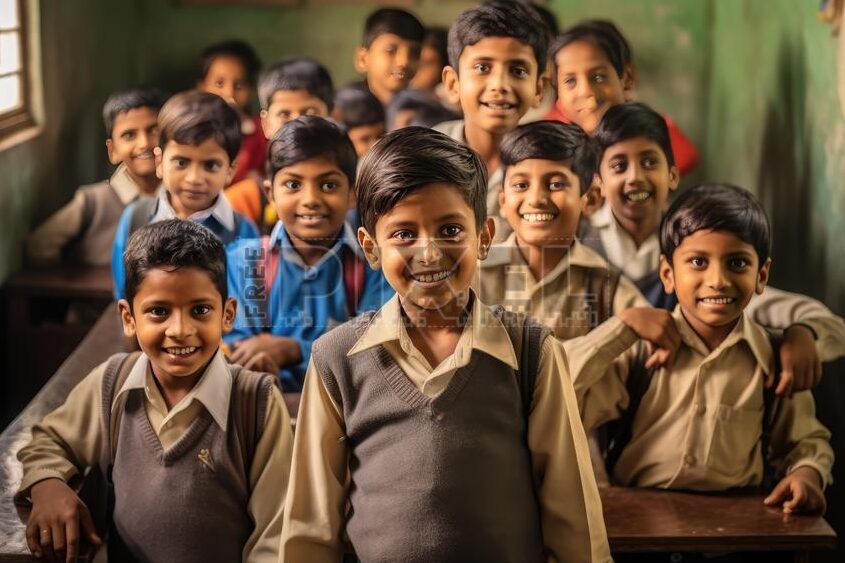 imagen de un nino sonriente y confiado rodeado de amigos en un ambiente escolar positivo