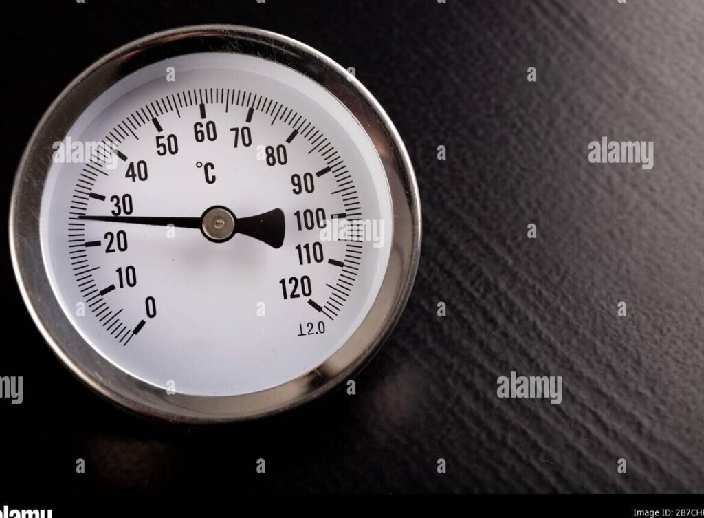 imagen de un termometro antiguo con escalas y numeros en un fondo oscuro