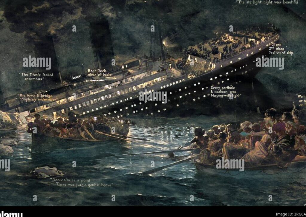 imagen de una ilustracion del titanic hundiendose en el oceano rodeado de botes salvavidas y con el cielo oscuro de fondo