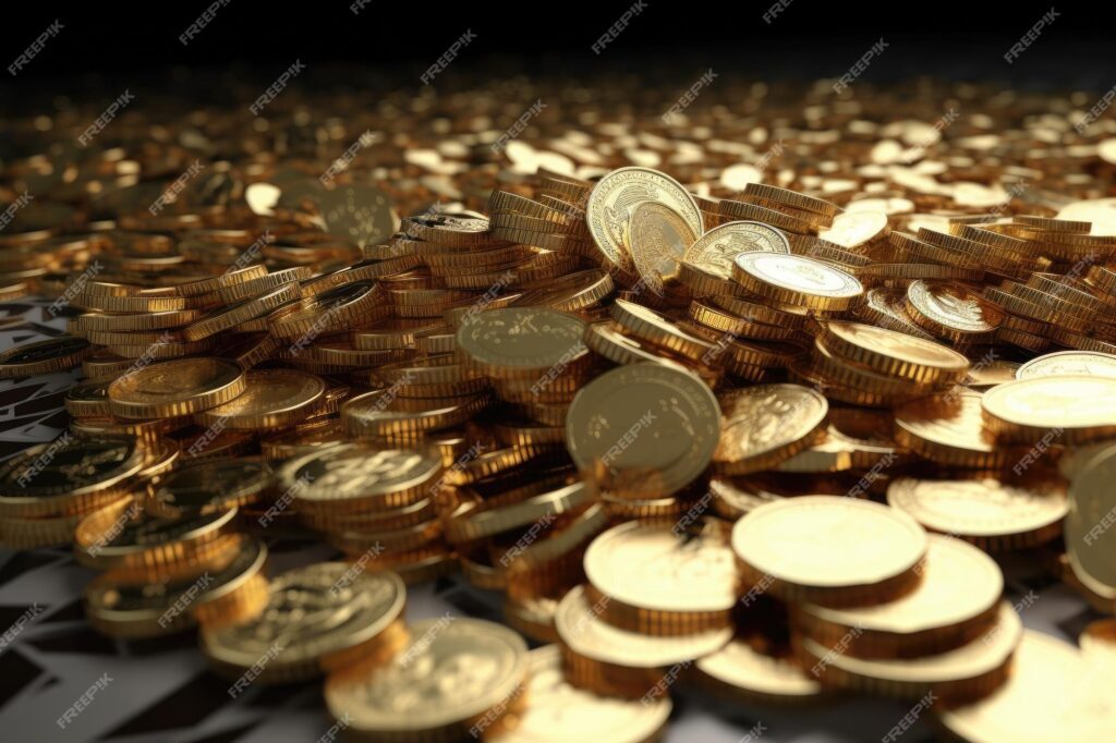 pila monedas oro relucientes sobre mesa madera ia generativa 410516 69119