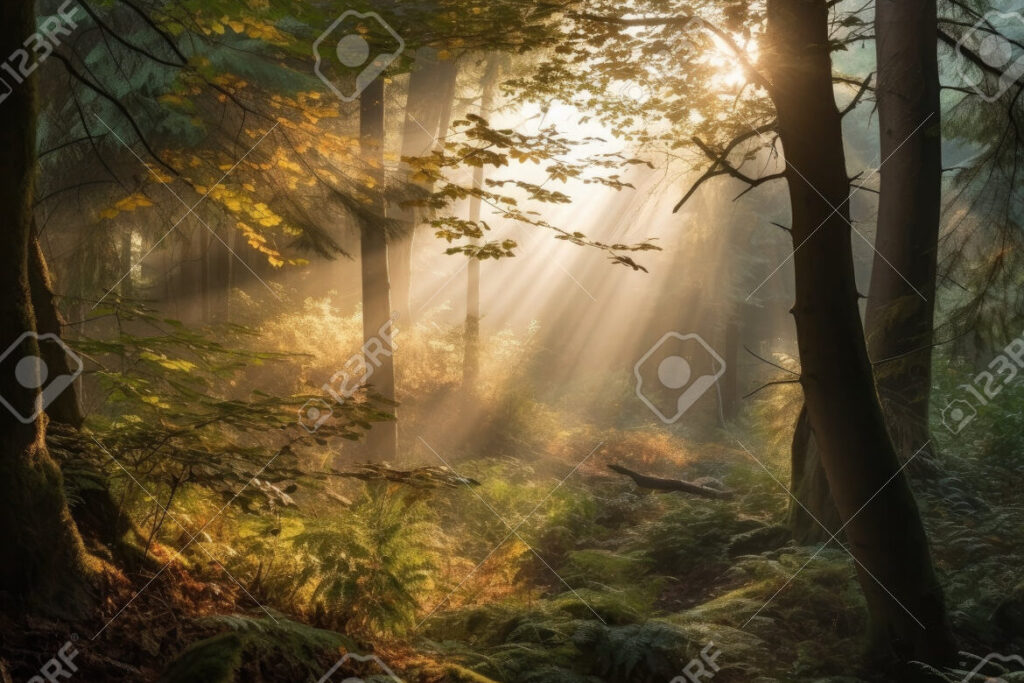 un bosque misterioso con arboles altos y frondosos rodeado de neblina y con rayos de sol filtrandose entre las ramas