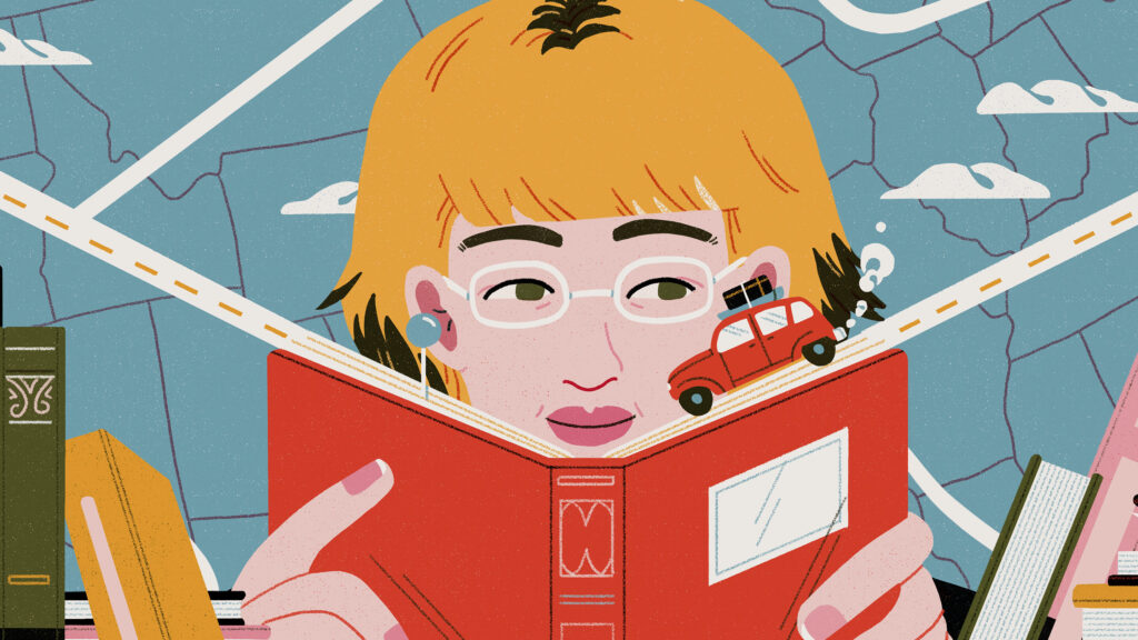 una ilustracion colorida de un nino leyendo un libro rodeado de personajes de cuentos populares
