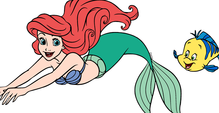 una ilustracion de ariel y su amigo pez nadando juntos bajo el mar
