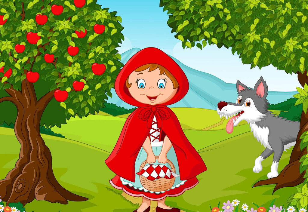 una ilustracion de caperucita roja caminando por el bosque con su capa roja