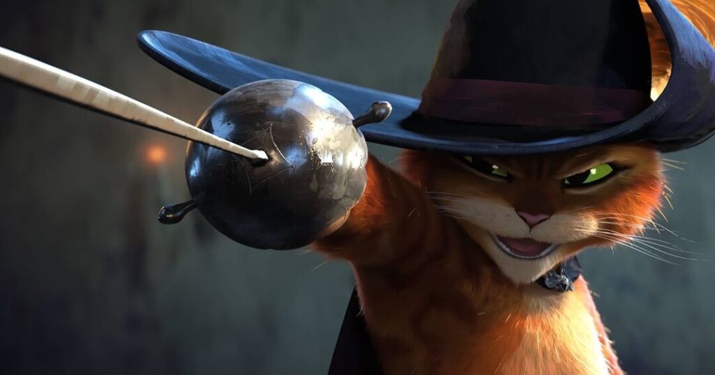 una ilustracion de un gato con botas y una mirada traviesa