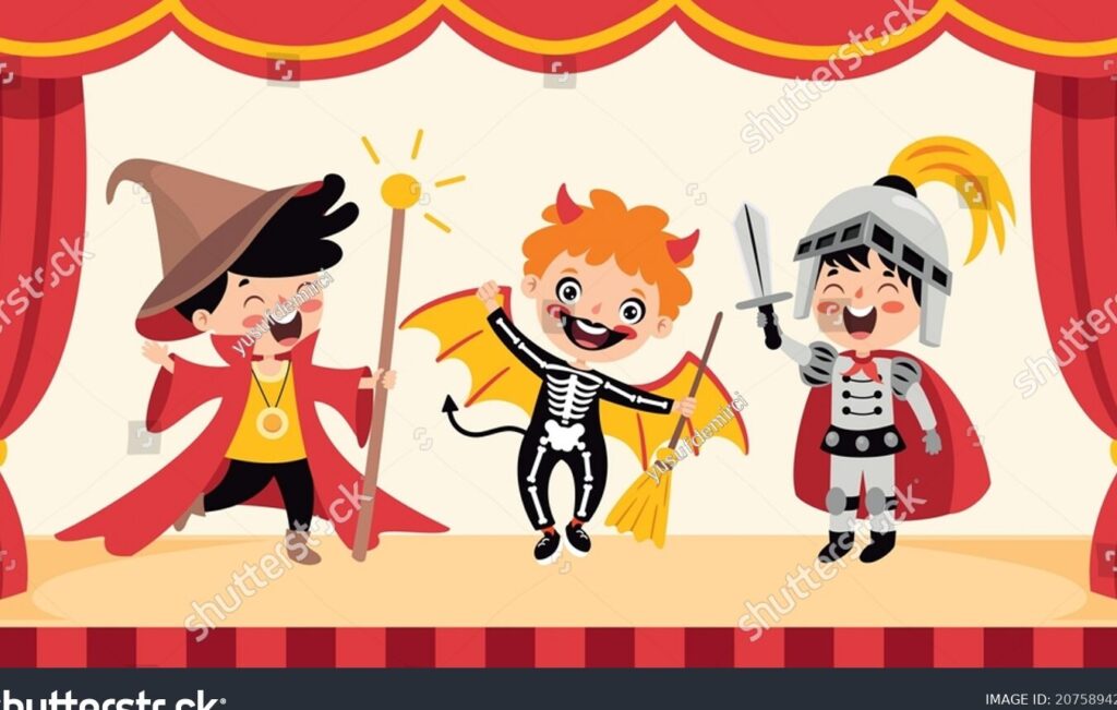 una imagen colorida de un escenario de teatro con personajes felices y risuenos