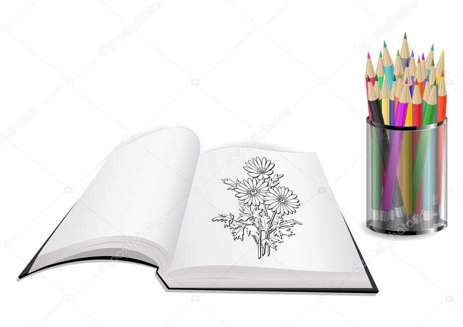 una imagen colorida de un libro abierto con lapices de colores alrededor