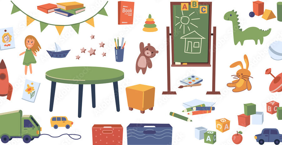 una imagen colorida y llena de juguetes y elementos decorativos para un jardin de infantes