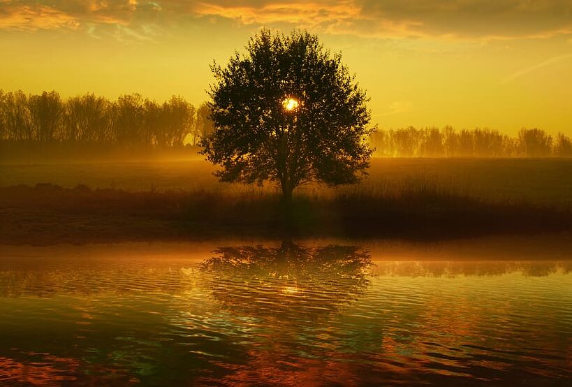 una imagen de un amanecer con colores calidos y brillantes sobre un paisaje tranquilo y sereno