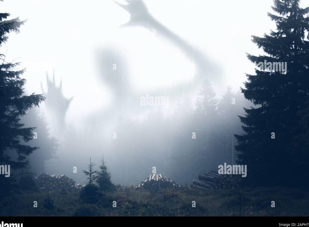 una imagen de un antiguo castillo rodeado de niebla con una figura fantasmal en primer plano