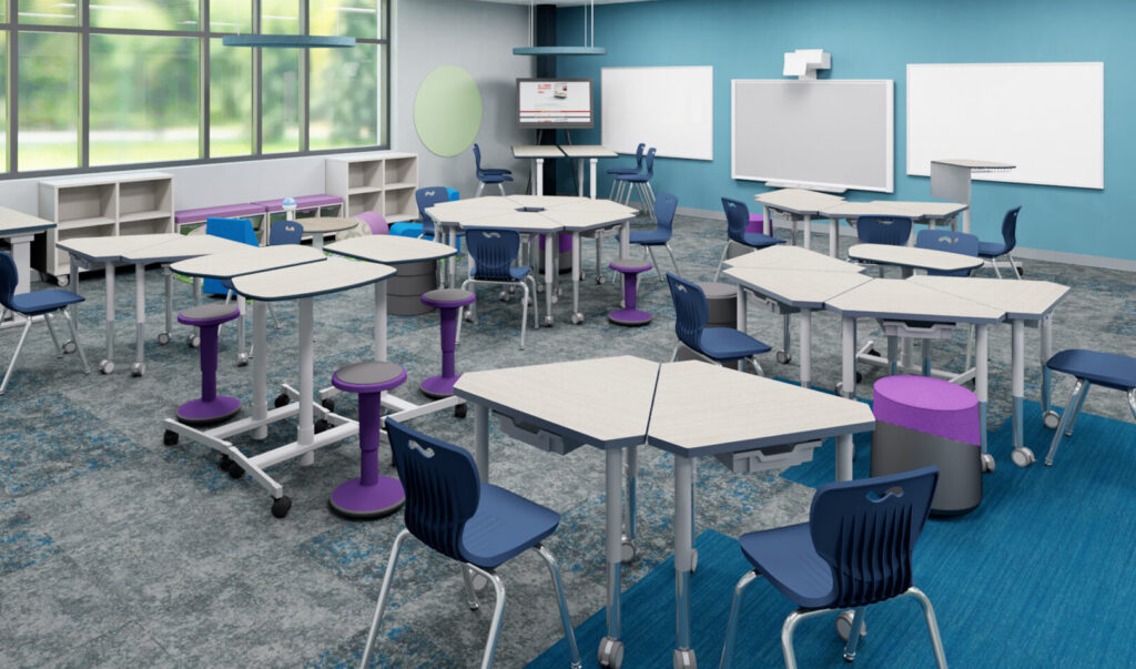 una imagen de un aula escolar con mobiliario en buen estado