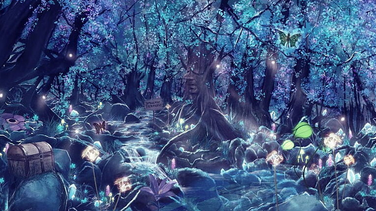 una imagen de un bosque encantado con animales fantasticos