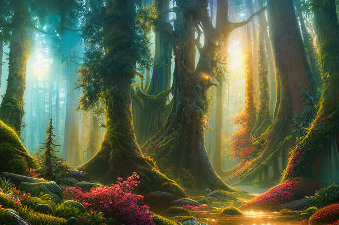 una imagen de un bosque encantado con luces brillantes y colores vibrantes