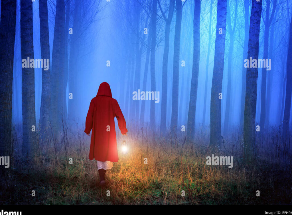una imagen de un bosque oscuro con la figura de caperucita roja en primer plano