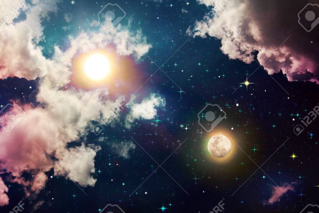 una imagen de un cielo estrellado con la luna y el sol brillando juntos