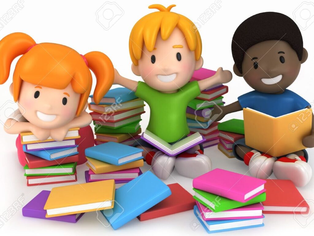 una imagen de un grupo de ninos sonrientes rodeados de libros