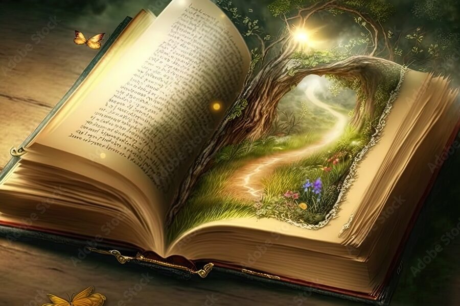 una imagen de un libro abierto con un bosque encantado en sus paginas