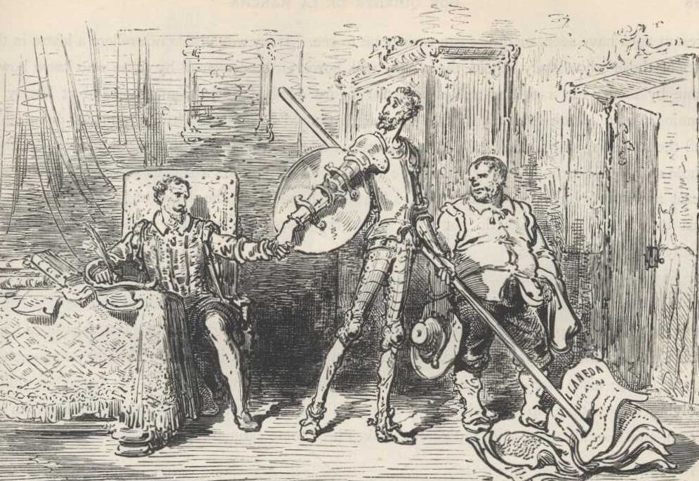 una imagen de un libro abierto con una pagina que muestra el titulo segunda parte de el quijote y una ilustracion relacionada con la historia
