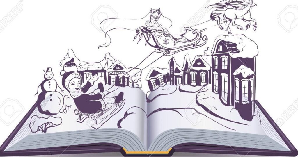 una imagen de un libro de cuentos abierto con una corona de princesa dibujada en la pagina