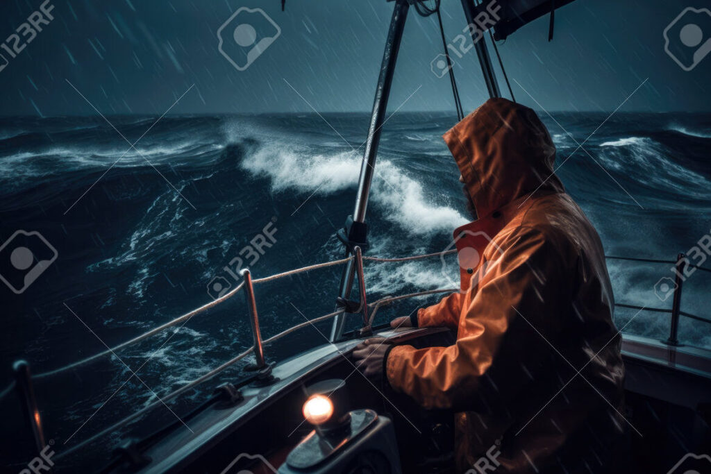 una imagen de un marinero mirando al horizonte con un fondo de un barco y un cielo estrellado