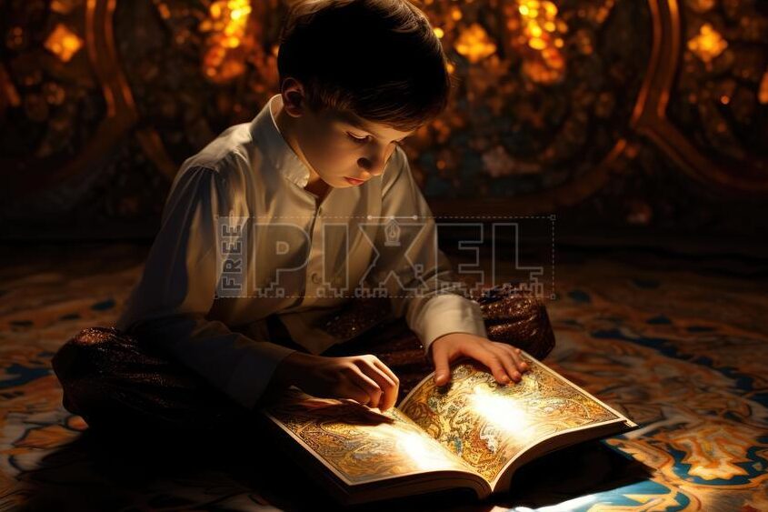 una imagen de un nino sosteniendo un libro abierto con expresion de asombro y curiosidad