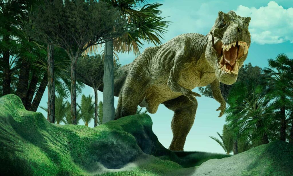 una imagen de un tiranosaurio rex en un paisaje prehistorico