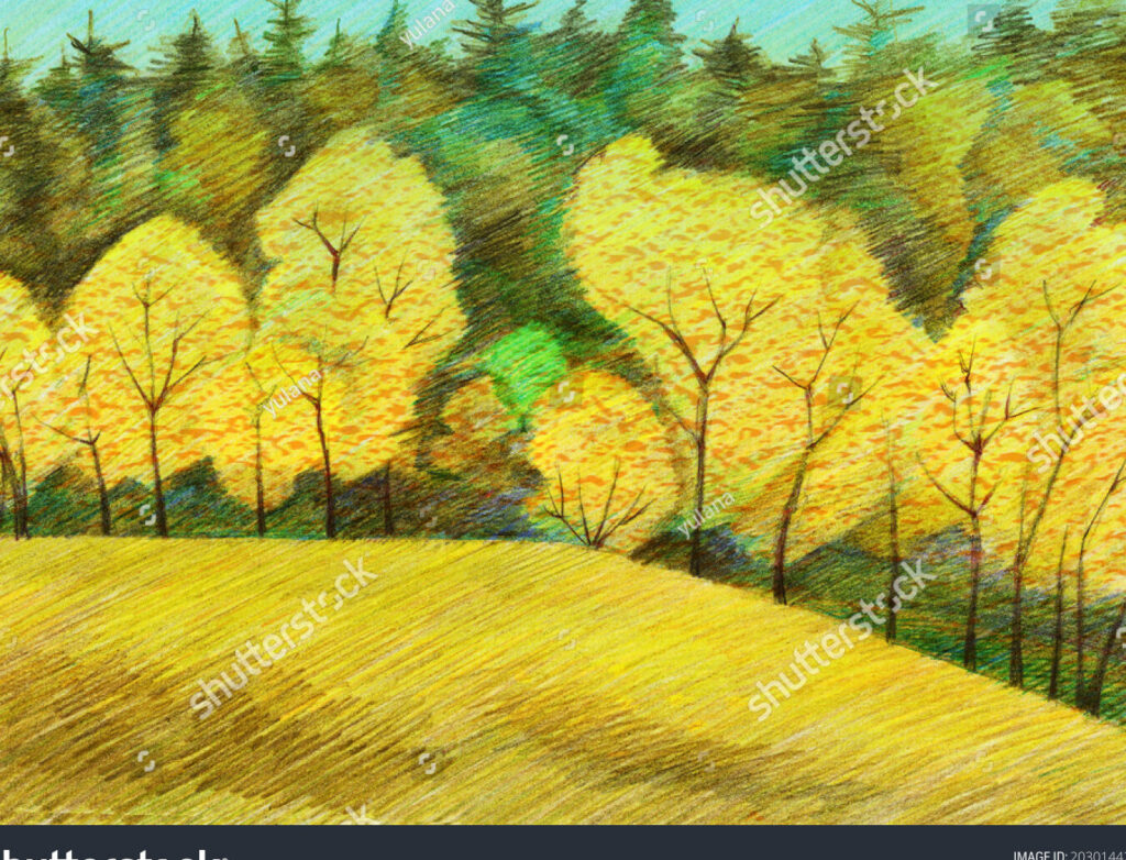 una imagen de una mano dibujando un paisaje con lapices de colores