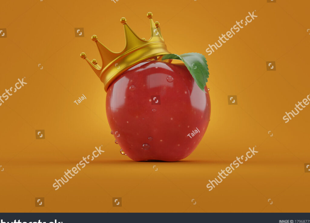 una imagen de una manzana roja y brillante con una pequena corona encima