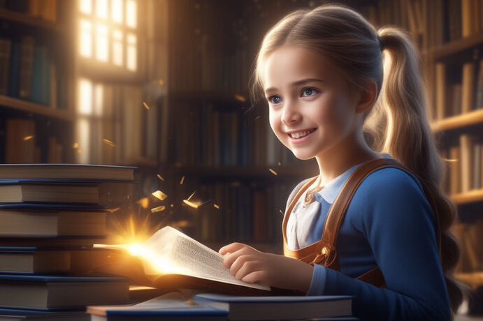 una nina sonriente leyendo un libro rodeada de libros y letras flotantes