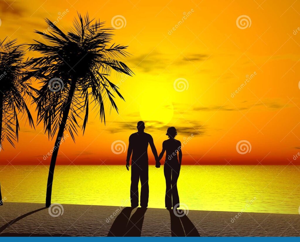 una pareja sonriente caminando de la mano bajo un cielo atardeciendo
